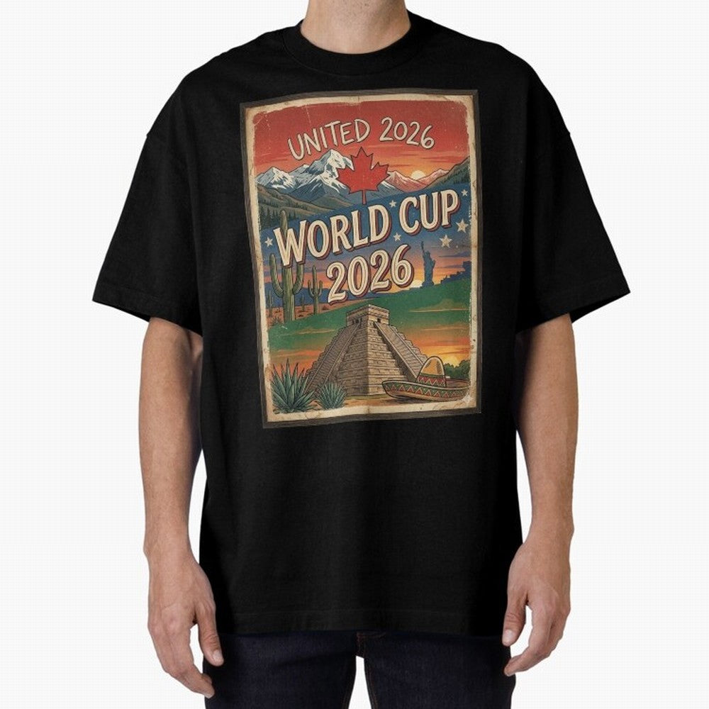 United 2026 World Cup ¨C Vintage North America Soccer Poster Oversized T-Shirt Embrace Match Day Hype around FIFA World Cup 2026 Group Stage, Messi, Neymar and Mbappe, Portugal, Football History, Final Match Energy, Crowd Noise and Once in a