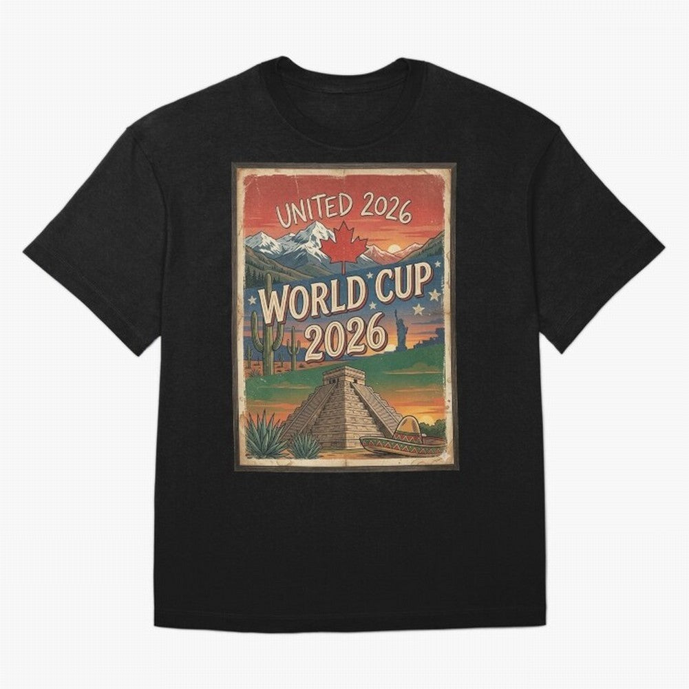 United 2026 World Cup ¨C Vintage North America Soccer Poster Oversized T-Shirt Embrace Match Day Hype around FIFA World Cup 2026 Group Stage, Messi, Neymar and Mbappe, Portugal, Football History, Final Match Energy, Crowd Noise and Once in a
