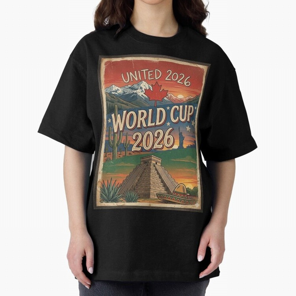 United 2026 World Cup ¨C Vintage North America Soccer Poster Oversized T-Shirt Embrace Match Day Hype around FIFA World Cup 2026 Group Stage, Messi, Neymar and Mbappe, Portugal, Football History, Final Match Energy, Crowd Noise and Once in a