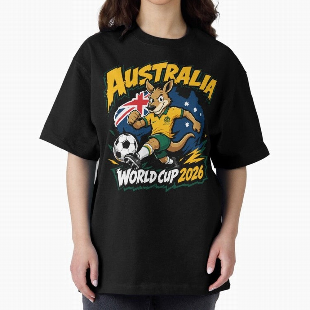 Australia World Cup 2026 Kangaroo Soccer Fan Art Oversized T-Shirt Show Match Day Excitement for FIFA World Cup 2026 USA Canada Mexico Spirit, Made for England and Germany, Messi, Championship Spirit, Famous Goals, Roaring Crowds and International