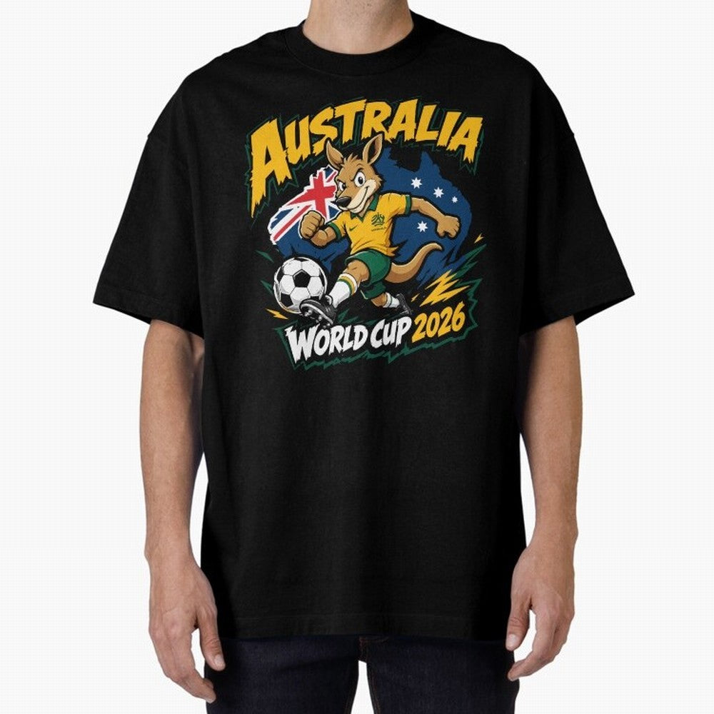 Australia World Cup 2026 Kangaroo Soccer Fan Art Oversized T-Shirt Show Match Day Excitement for FIFA World Cup 2026 USA Canada Mexico Spirit, Made for England and Germany, Messi, Championship Spirit, Famous Goals, Roaring Crowds and International