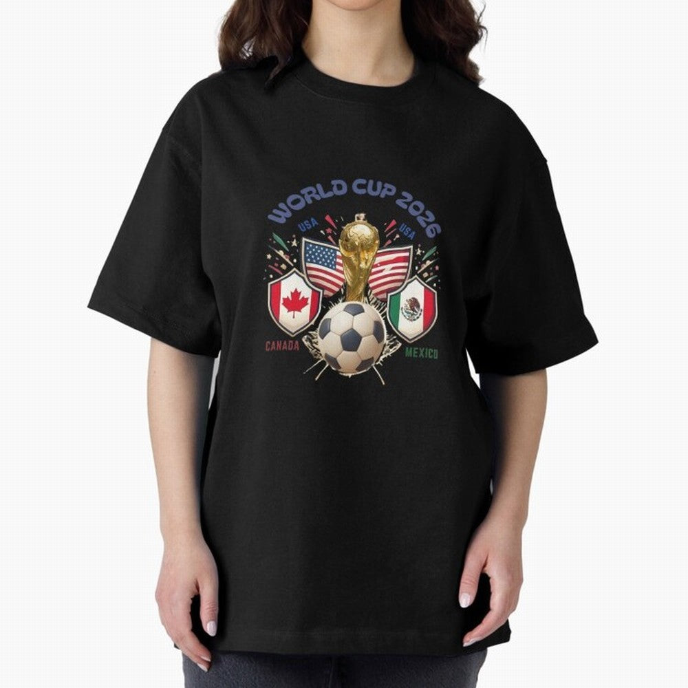 World Cup 2026 Host Nations Crest Oversized T-Shirt Bring Trophy Dreams to the FIFA World Cup 2026 Group Stage Journey through Mbappe and Neymar Highlights, Portugal, Spain and Germany Pride, Classic Soccer Heritage, Championship Pressure, Fan