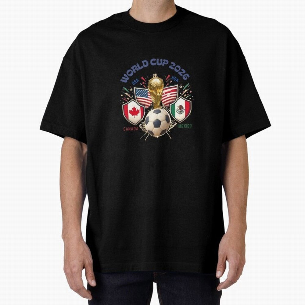 World Cup 2026 Host Nations Crest Oversized T-Shirt Bring Trophy Dreams to the FIFA World Cup 2026 Group Stage Journey through Mbappe and Neymar Highlights, Portugal, Spain and Germany Pride, Classic Soccer Heritage, Championship Pressure, Fan