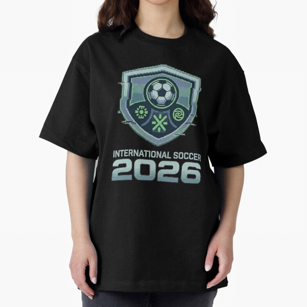 International Soccer 2026 Retro Pixel Glitch Crest Oversized T-Shirt Bring a Vintage Feel to the FIFA World Cup 2026 Journey through Neymar, Haaland and Cristiano Ronaldo Highlights, Portugal, Spain and Germany Pride, Fan Favorite Moments, National
