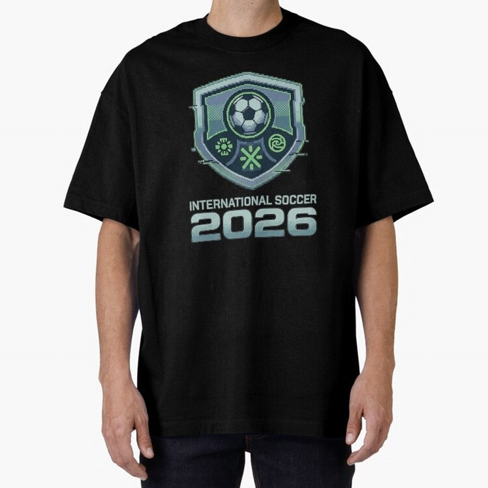 International Soccer 2026 Retro Pixel Glitch Crest Oversized T-Shirt Bring a Vintage Feel to the FIFA World Cup 2026 Journey through Neymar, Haaland and Cristiano Ronaldo Highlights, Portugal, Spain and Germany Pride, Fan Favorite Moments, National