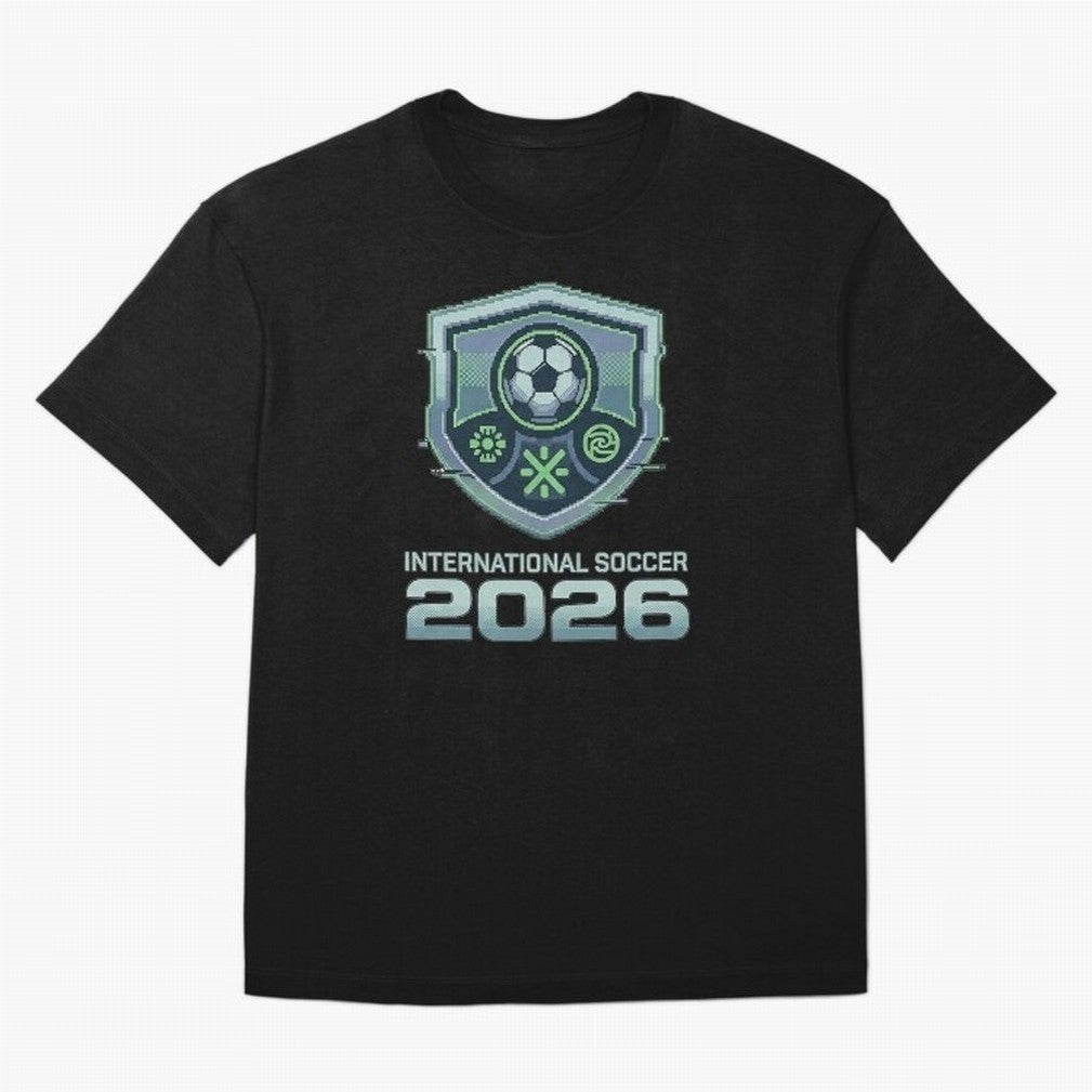 International Soccer 2026 Retro Pixel Glitch Crest Oversized T-Shirt Bring a Vintage Feel to the FIFA World Cup 2026 Journey through Neymar, Haaland and Cristiano Ronaldo Highlights, Portugal, Spain and Germany Pride, Fan Favorite Moments, National