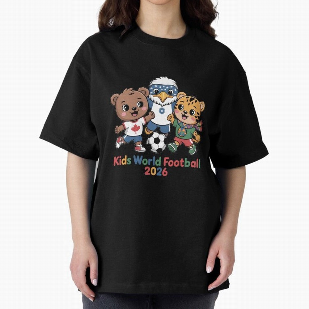 Kids World Football Friends 2026 ¨C Cute Cartoon Soccer Characters for Children Oversized T-Shirt Embrace FIFA World Cup 2026 Group Stage Spirit, Built around Germany, Haaland, Goal Celebration Energy, Supporter Heritage, Football Icons and
