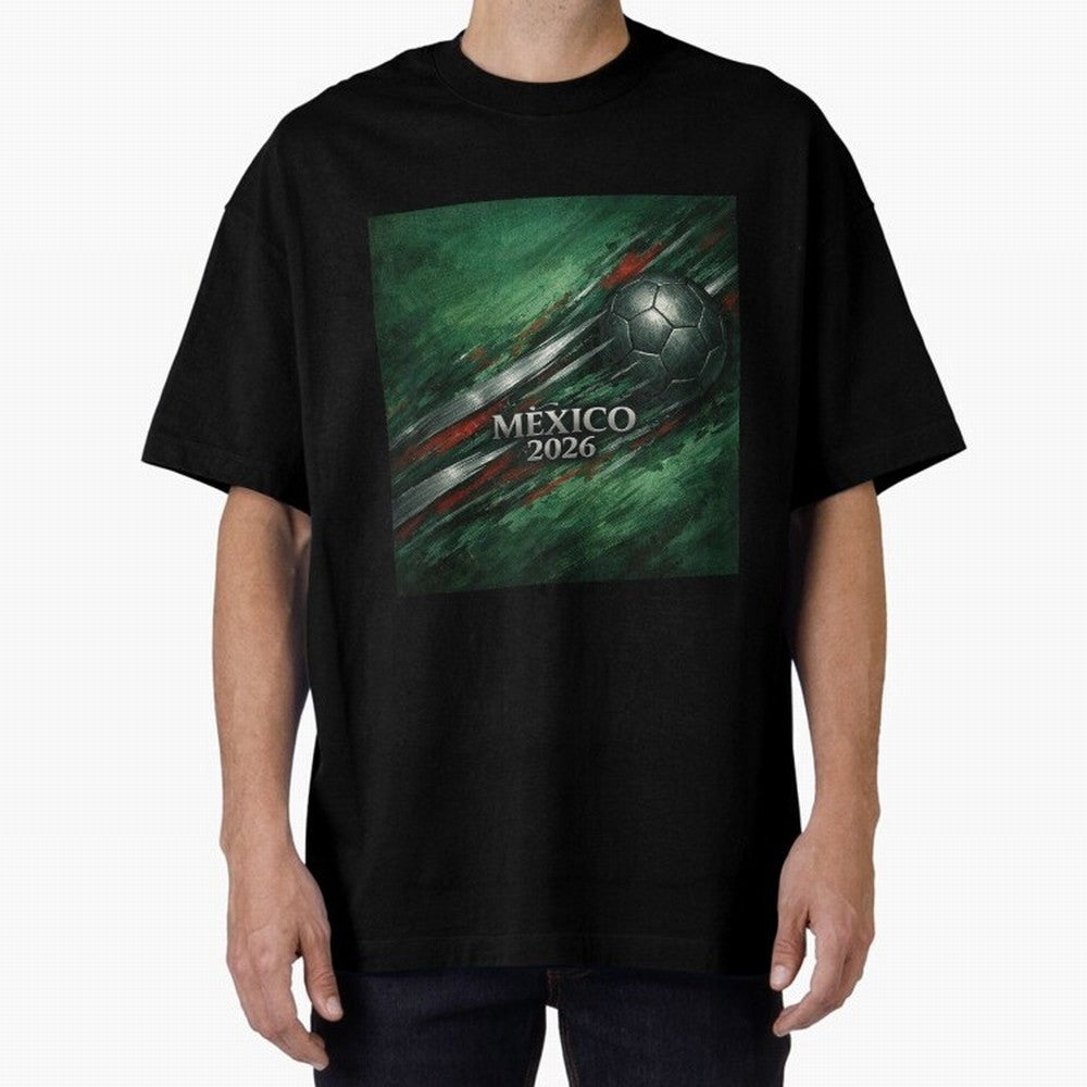 Mexico 2026 Football with Metallic Silver Line Oversized T-Shirt Represent Match Day Hype around FIFA World Cup 2026 USA Canada Mexico, CR7 and Messi, Germany, Tournament Hype, Historic Matchups, Family Viewing Parties and Global Sports Pride;