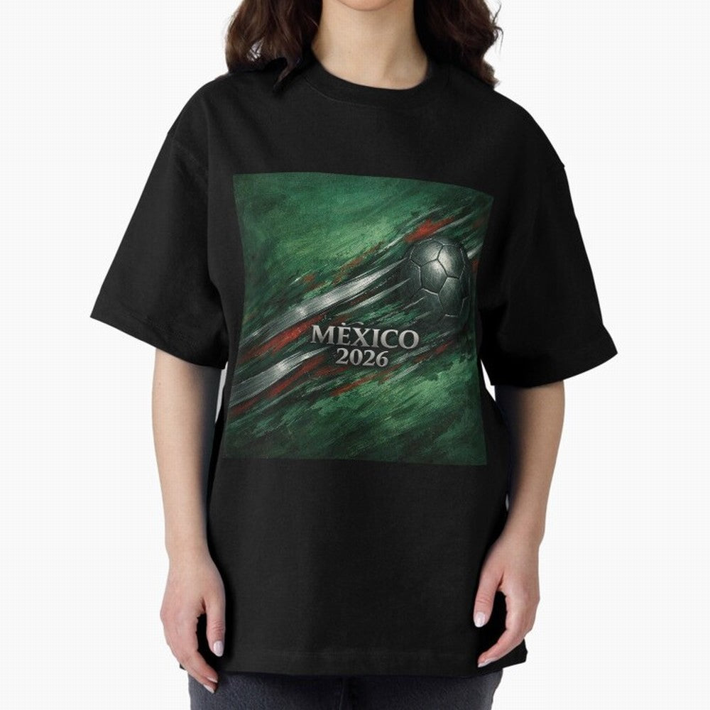Mexico 2026 Football with Metallic Silver Line Oversized T-Shirt Represent Match Day Hype around FIFA World Cup 2026 USA Canada Mexico, CR7 and Messi, Germany, Tournament Hype, Historic Matchups, Family Viewing Parties and Global Sports Pride;