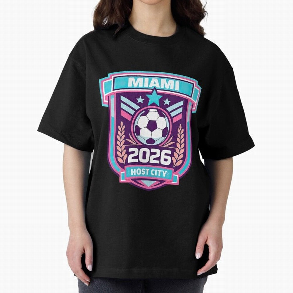 Miami 2026 Host City Emblem Welcoming the World Cup Oversized T-Shirt Stand Out with Spirit from Match Day Hype around FIFA World Cup 2026 USA Canada Mexico, Cristiano Ronaldo, Brazil, Portugal and Argentina, Champion Mindset, Group Stage Buzz,
