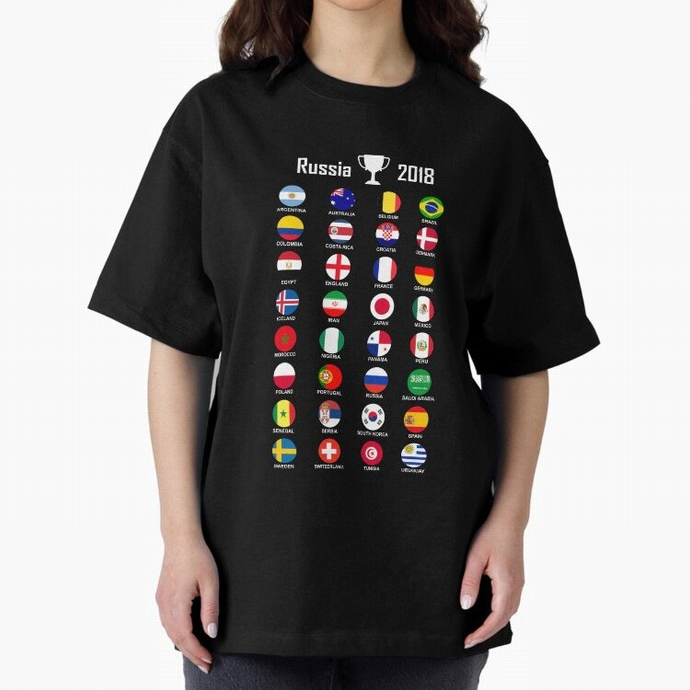 Russia 2018 Football Soccer Championship Oversized T-Shirt Celebrate the Biggest Stage of FIFA World Cup 2026 for Fans of Cristiano Ronaldo and Germany, Bringing Vintage Soccer Flavor, Modern Football Stars, National Flags and Final Night Emotion;