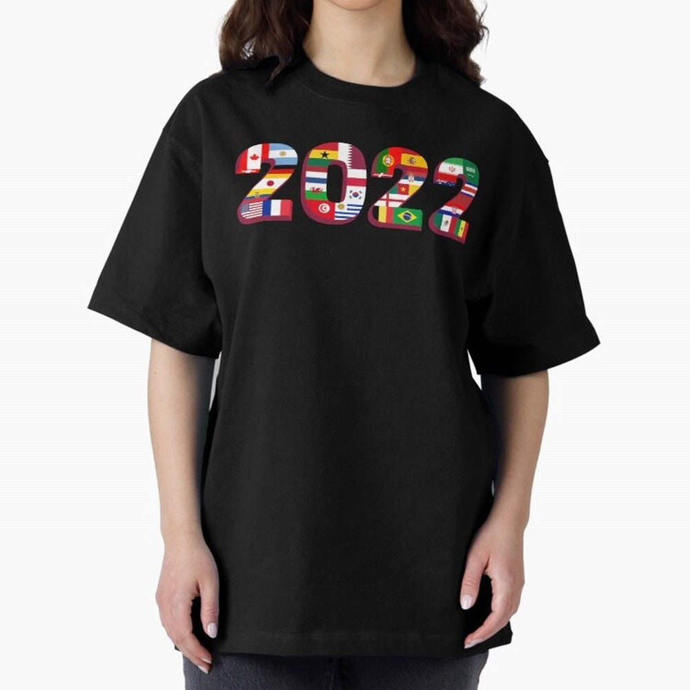 Flags of the 32 Teams that Played in Qatar in 2022 for Football Fans Oversized T-Shirt Showcase Global Football Passion for FIFA World Cup 2026 USA Canada Mexico, with Messi, CR7 and Mbappe, Spain and Netherlands, Vintage Soccer Flavor, Modern