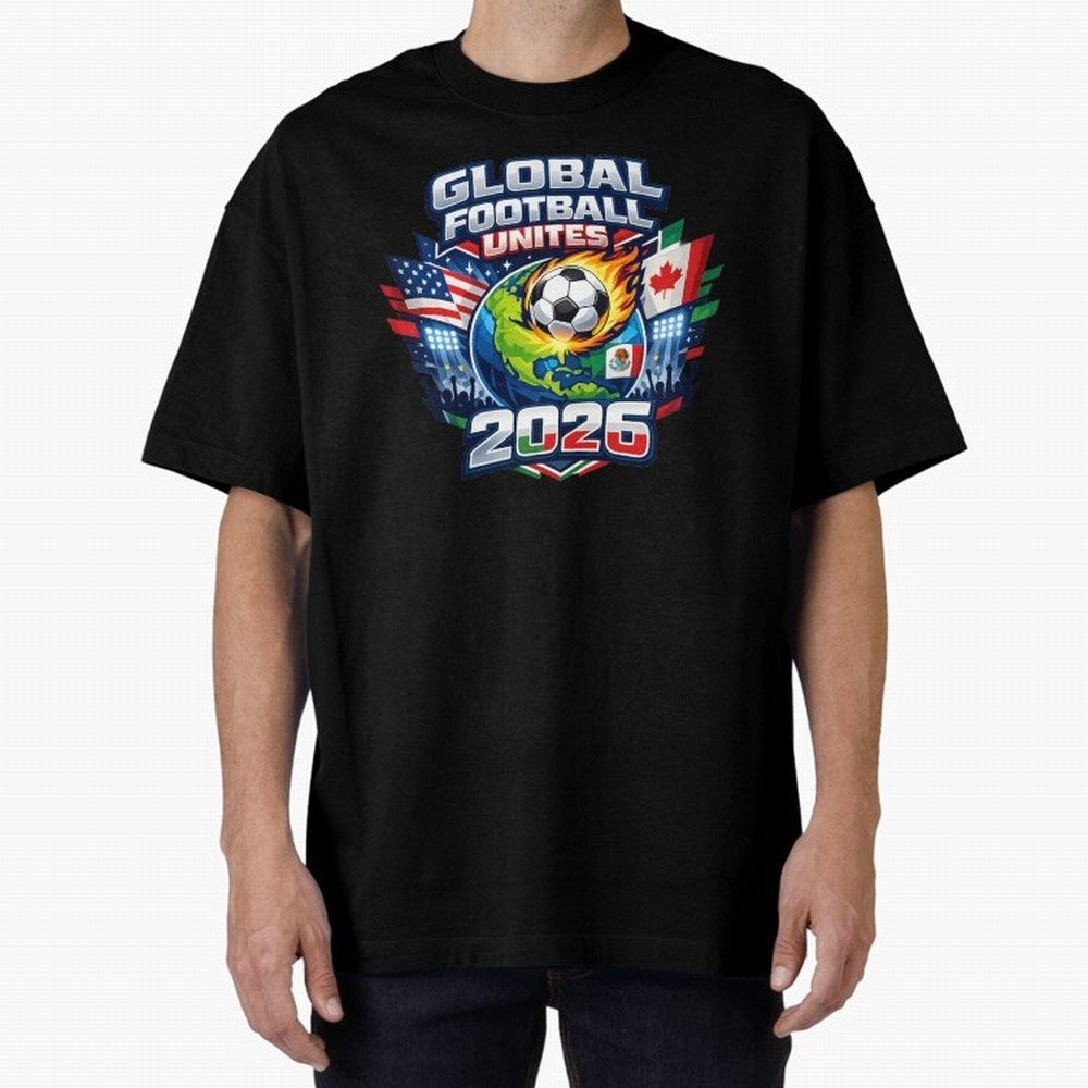Global Football Unites 2026 USA Canada Mexico Oversized T-Shirt Represent the Passion of the FIFA World Cup 2026 USA Canada Mexico Journey through Messi, CR7 and Mbappe Highlights, Portugal Pride, Retro Football Energy, Iconic Rivalries, Trophy