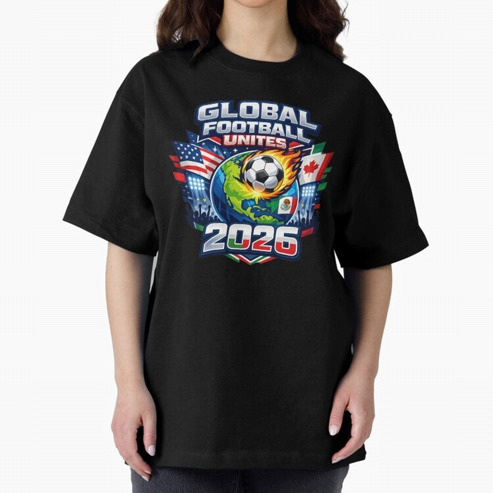 Global Football Unites 2026 USA Canada Mexico Oversized T-Shirt Represent the Passion of the FIFA World Cup 2026 USA Canada Mexico Journey through Messi, CR7 and Mbappe Highlights, Portugal Pride, Retro Football Energy, Iconic Rivalries, Trophy