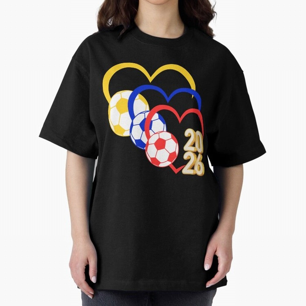 Football 2026 Hearts Colombia Sports Design Oversized T-Shirt Celebrate the Stars of the FIFA World Cup 2026 USA Canada Mexico Journey through Messi, Neymar and Mbappe Highlights, France and Portugal Pride, Classic Soccer Heritage, Championship
