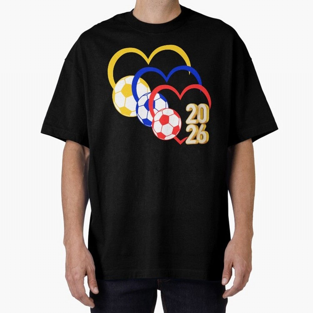 Football 2026 Hearts Colombia Sports Design Oversized T-Shirt Celebrate the Stars of the FIFA World Cup 2026 USA Canada Mexico Journey through Messi, Neymar and Mbappe Highlights, France and Portugal Pride, Classic Soccer Heritage, Championship