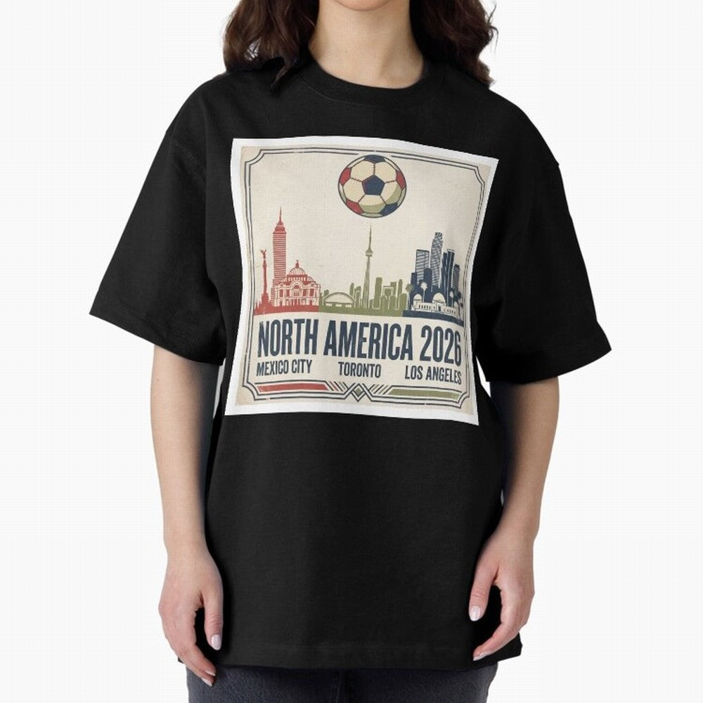 Retro North America 2026 Soccer Vintage Graphic Oversized T-Shirt Make Every Match About FIFA World Cup 2026 USA Canada Mexico Spirit, Featuring Spain and Netherlands, Cristiano Ronaldo, Championship Spirit, Famous Goals, Roaring Crowds and