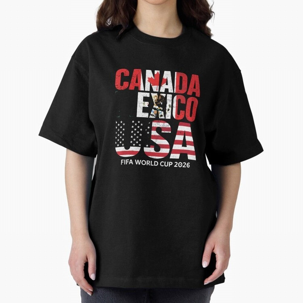 United 2026 World Cup - Canada, Mexico, USA Flags T-Shirt_83138002 Oversized T-Shirt Treasure Match Day Hype around FIFA World Cup 2026, Cristiano Ronaldo, Argentina, France and Brazil, Global Supporter Spirit, Legendary Goals, National Colors and
