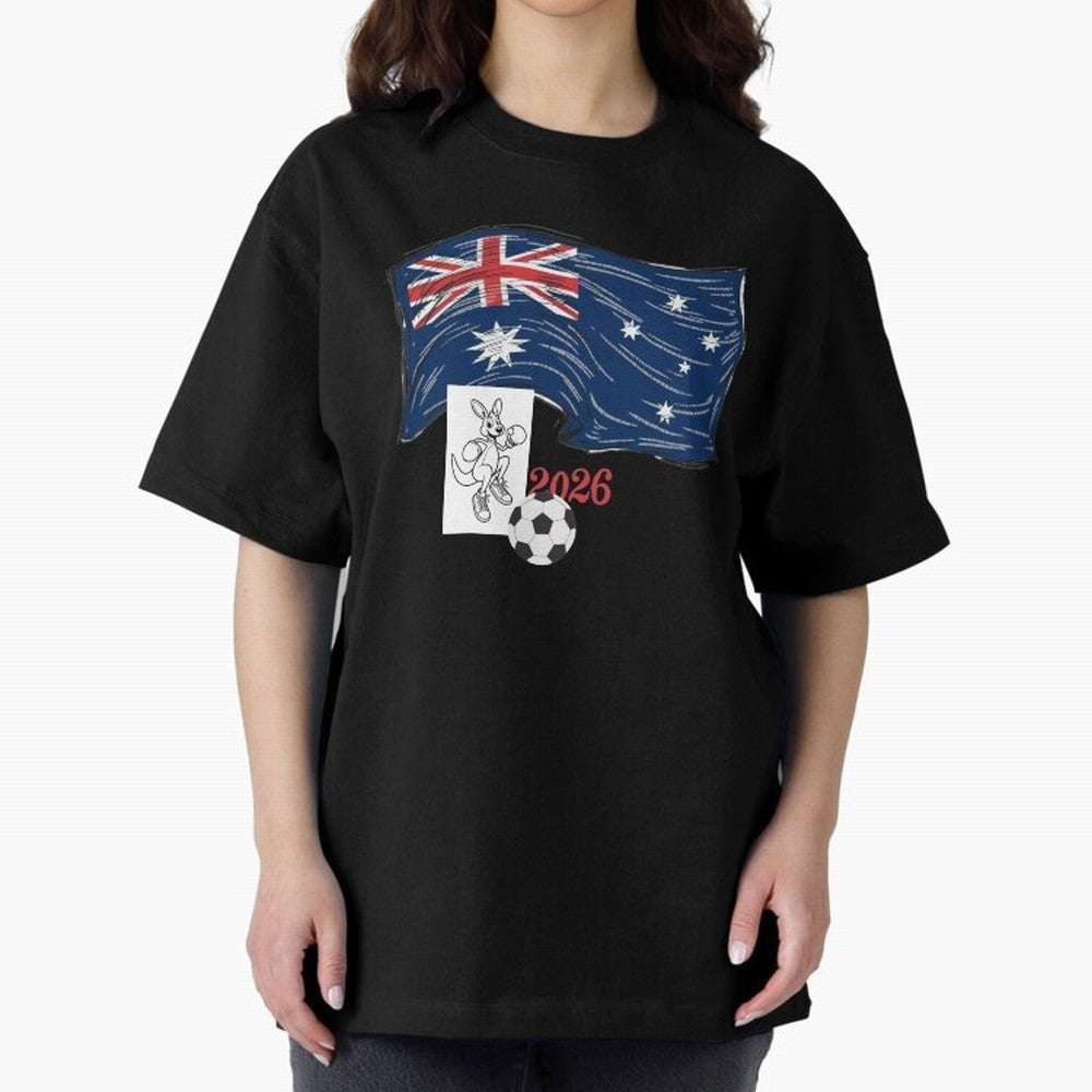 Australia 2026 Soccer Pride - Boxing Kangaroo & Dynamic Waving Flag. Oversized T-Shirt Celebrate Soccer Greatness during FIFA World Cup 2026 USA Canada Mexico Capturing CR7 and Messi, Portugal Energy, Fan Favorite Moments, National Team Passion,