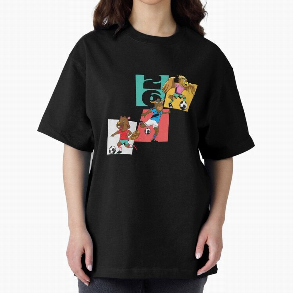 North America Mascots 2 T-Shirt_83568192 Oversized T-Shirt Follow the Final Road of Global Football Passion for FIFA World Cup 2026 Group Stage, Centered on Messi, Neymar and Mbappe, England and Germany, Sports Nostalgia, International Competition,