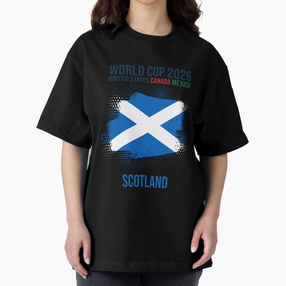 SCOTLAND WORLD CUP 2026 Oversized T-Shirt Stand Out with Spirit from Global Football Passion for FIFA World Cup 2026 USA Canada Mexico, Capturing Messi and Cristiano Ronaldo, England, Vintage Soccer Flavor, Modern Football Stars, National Flags and