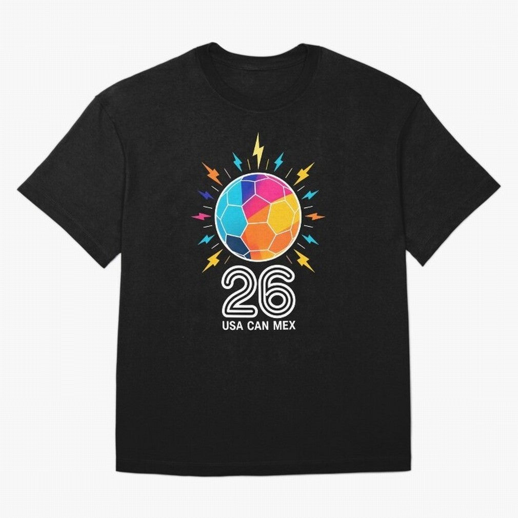 2026 Colorful Soccer Ball USA Canada Mexico 26 Oversized T-Shirt Discover the FIFA World Cup 2026 Group Stage Journey through Messi Highlights, Argentina, France and Brazil Pride, Sports Nostalgia, International Competition, Famous Players and