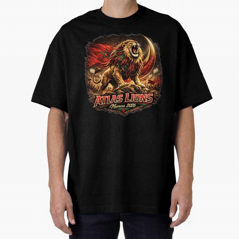 Morocco Football Fan - Atlas Lions Oversized T-Shirt Bring World Football Passion into Global Football Passion for FIFA World Cup 2026 USA Canada Mexico, with Haaland and Mbappe, Portugal, Football Festival Excitement, Trophy Ambitions, Country