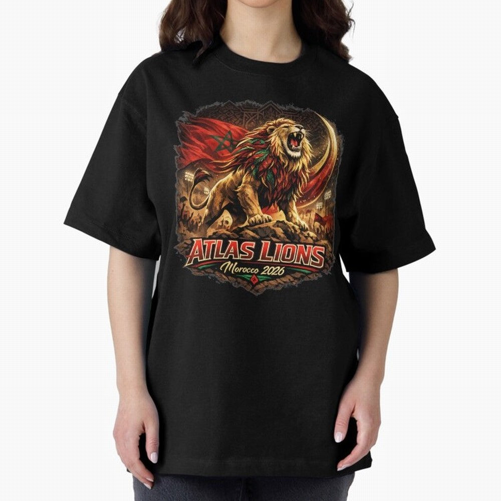 Morocco Football Fan - Atlas Lions Oversized T-Shirt Bring World Football Passion into Global Football Passion for FIFA World Cup 2026 USA Canada Mexico, with Haaland and Mbappe, Portugal, Football Festival Excitement, Trophy Ambitions, Country