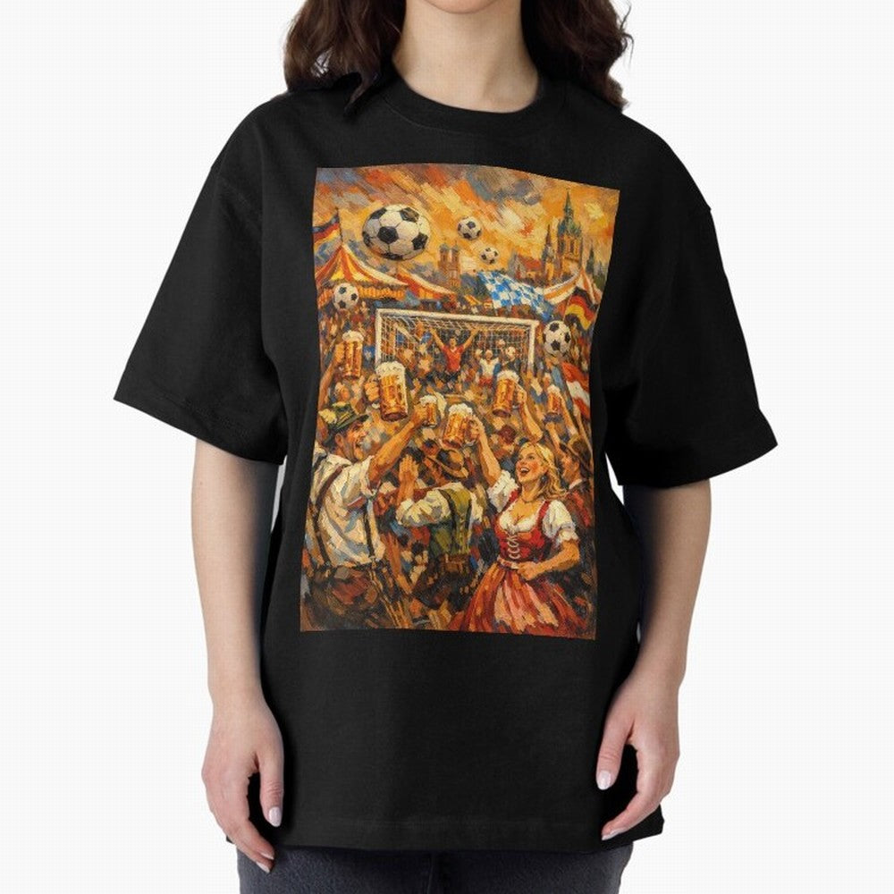 Festival Celebration with Soccer and Beer Oversized T-Shirt Turn Up for Match Day Hype around FIFA World Cup 2026 USA Canada Mexico, Messi, Neymar and Mbappe, Spain, Sports Nostalgia, International Competition, Famous Players and Unforgettable