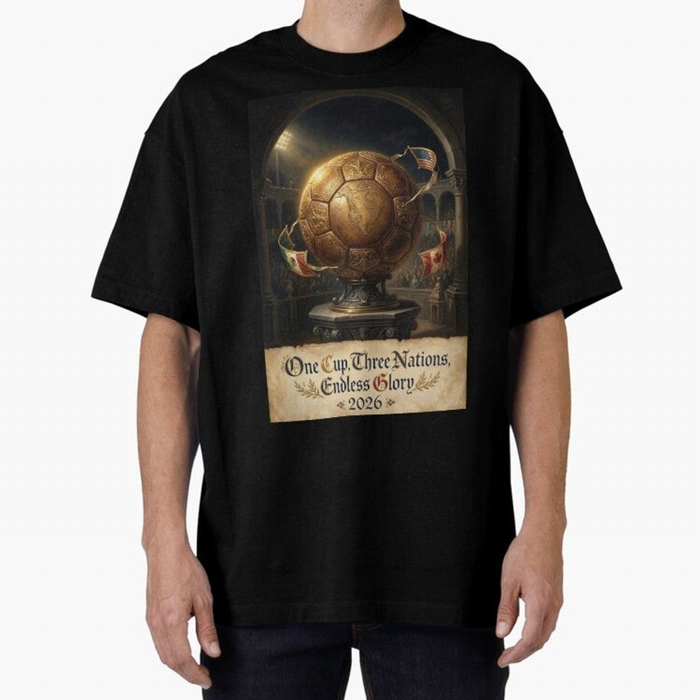 World Cup 2026 Emblem USA Canada Mexico Oversized T-Shirt Celebrate the Magic of Global Football Passion for FIFA World Cup 2026, Filled with Messi, CR7 and Mbappe, France and Portugal, Retro Football Energy, Iconic Rivalries, Trophy Chase Drama