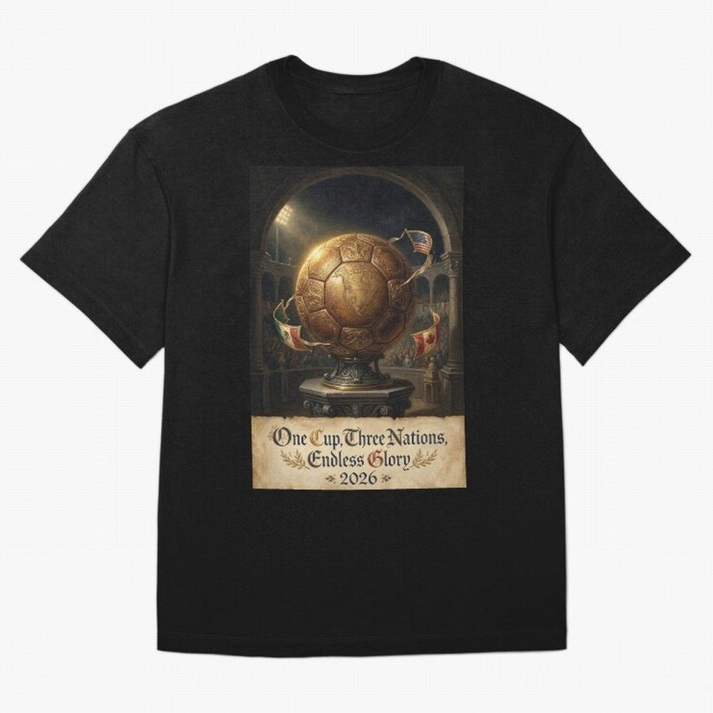 World Cup 2026 Emblem USA Canada Mexico Oversized T-Shirt Celebrate the Magic of Global Football Passion for FIFA World Cup 2026, Filled with Messi, CR7 and Mbappe, France and Portugal, Retro Football Energy, Iconic Rivalries, Trophy Chase Drama