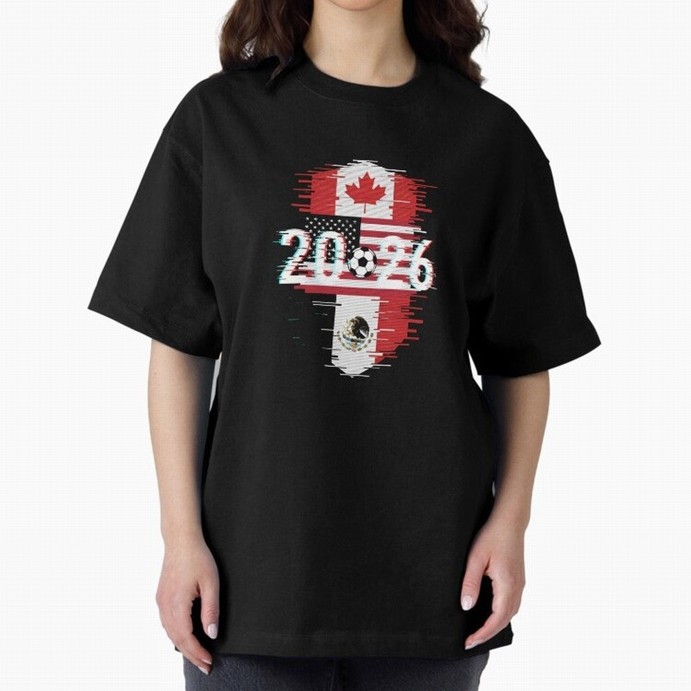 Glitched United 2026 - North America Emblem Cup T-Shirt_82794505 Oversized T-Shirt Celebrate Rivalries and Pride in FIFA World Cup 2026 USA Canada Mexico Filled with Neymar, France and Portugal Energy, Supporter Pride, Iconic Celebrations,