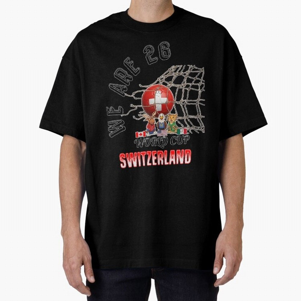 World cup 26 - Switzerland Oversized T-Shirt Honor the Football Icons of FIFA World Cup 2026 USA Canada Mexico Spirit, Connected to Portugal, Spain and Germany, Mbappe and Neymar, Football Festival Excitement, Trophy Ambitions, Country Rivalries