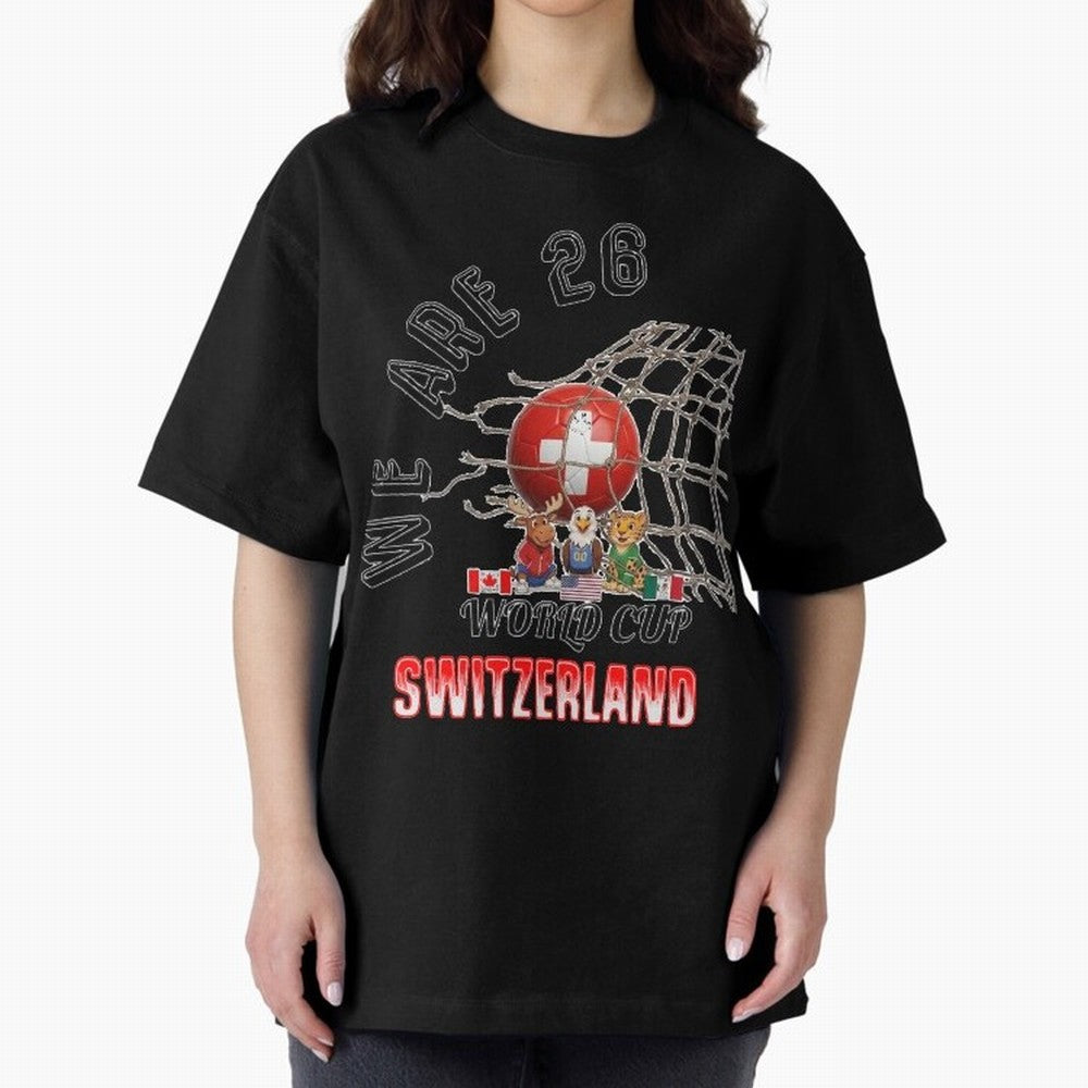 World cup 26 - Switzerland Oversized T-Shirt Honor the Football Icons of FIFA World Cup 2026 USA Canada Mexico Spirit, Connected to Portugal, Spain and Germany, Mbappe and Neymar, Football Festival Excitement, Trophy Ambitions, Country Rivalries