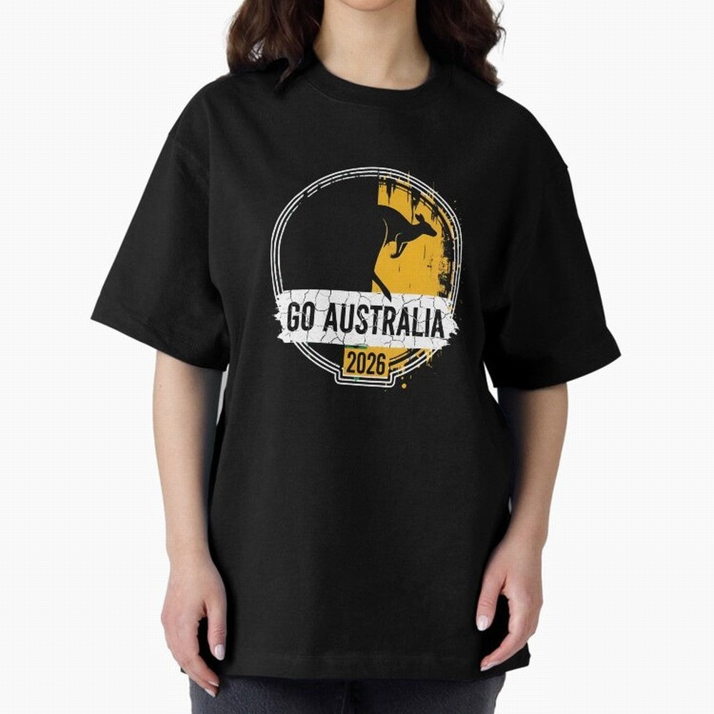 Golden Green Kangaroo Emblem Go Australia 2026 Supporter Design T-Shirt_83662099 Oversized T-Shirt Get Ready for Global Football Passion for FIFA World Cup 2026 Group Stage, Highlighting Messi and Cristiano Ronaldo, Argentina, France and Brazil,