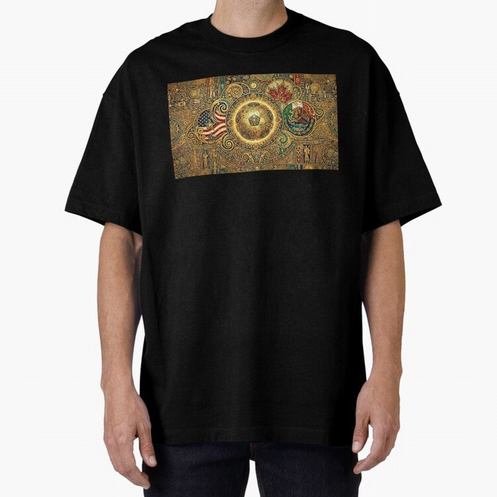 Ornate Soccer Emblem with Flags Oversized T-Shirt Show Passion for the Stars of FIFA World Cup 2026 Group Stage Driven by Messi, Portugal, Spain and Germany Energy, Classic Soccer Heritage, Championship Pressure, Fan Loyalty and International