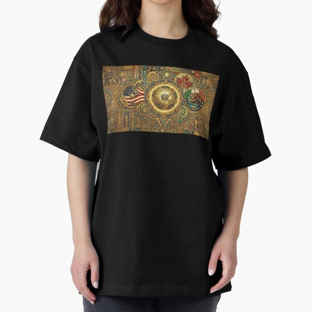 Ornate Soccer Emblem with Flags Oversized T-Shirt Show Passion for the Stars of FIFA World Cup 2026 Group Stage Driven by Messi, Portugal, Spain and Germany Energy, Classic Soccer Heritage, Championship Pressure, Fan Loyalty and International