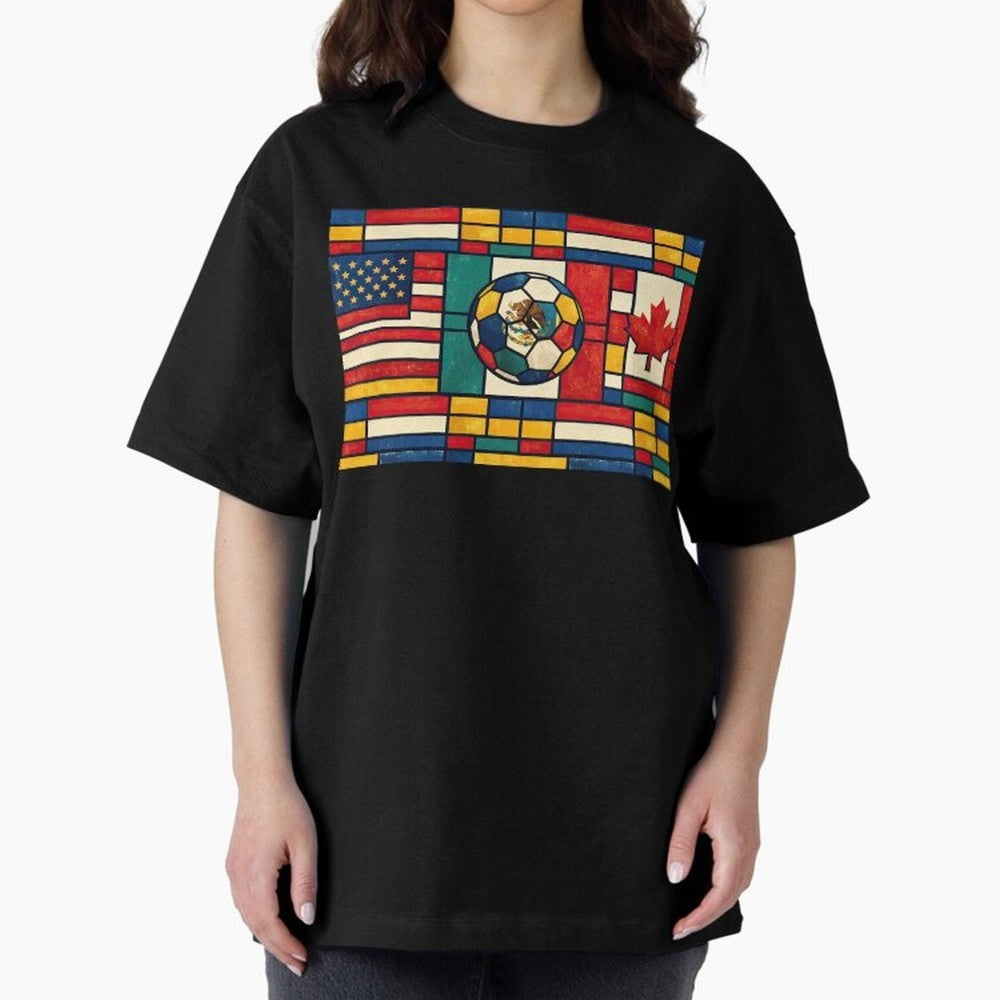 Elegant World Cup Stadiums Geometrical | Soccer Flags Mexico Canada USA Oversized T-Shirt Join the Global Buzz around FIFA World Cup 2026 Group Stage Spirit, Featuring England and Germany, Mbappe and Neymar, Football History, Final Match Energy,
