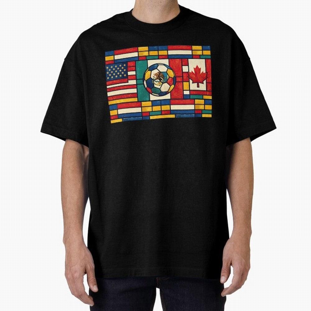 Elegant World Cup Stadiums Geometrical | Soccer Flags Mexico Canada USA Oversized T-Shirt Join the Global Buzz around FIFA World Cup 2026 Group Stage Spirit, Featuring England and Germany, Mbappe and Neymar, Football History, Final Match Energy,