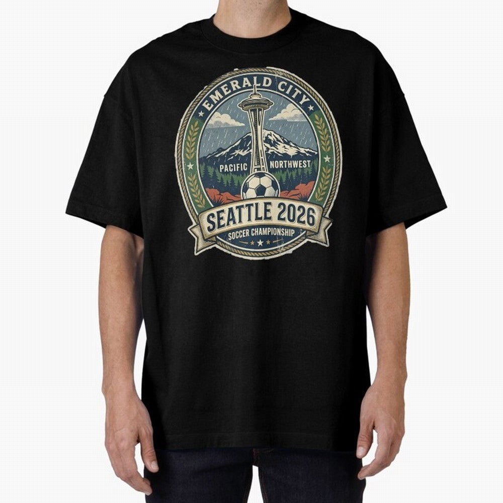Seattle 2026 World Cup Host City Vintage Football Badge ¡ª Emerald City Space Needle Soccer Oversized T-Shirt Represent FIFA World Cup 2026 Celebrating Mbappe, Brazil Energy, Classic Soccer Heritage, Championship Pressure, Fan Loyalty and