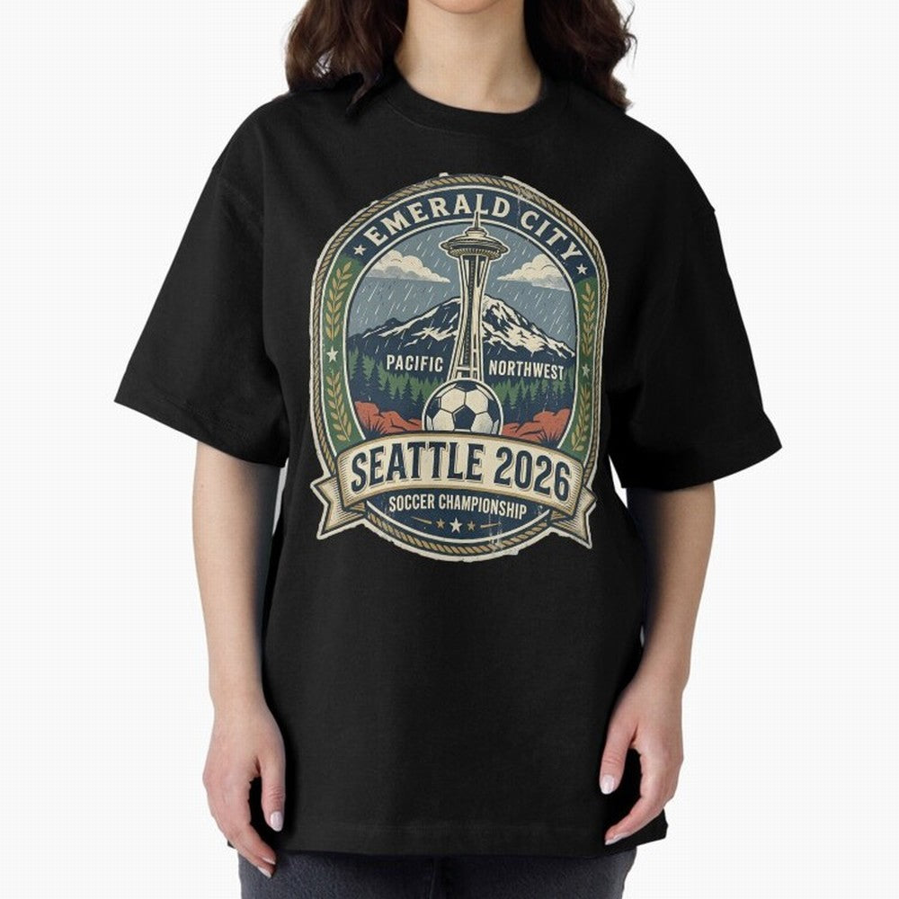 Seattle 2026 World Cup Host City Vintage Football Badge ¡ª Emerald City Space Needle Soccer Oversized T-Shirt Represent FIFA World Cup 2026 Celebrating Mbappe, Brazil Energy, Classic Soccer Heritage, Championship Pressure, Fan Loyalty and