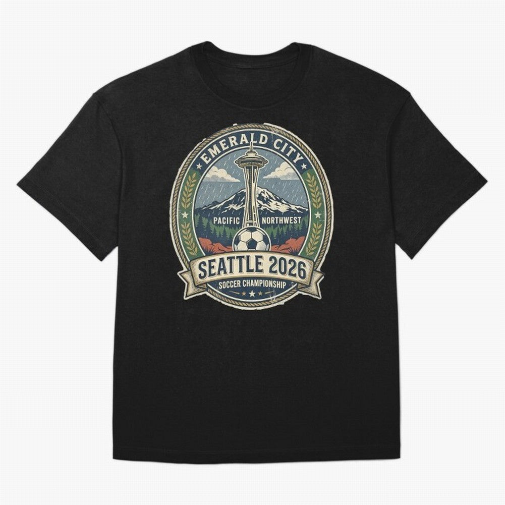 Seattle 2026 World Cup Host City Vintage Football Badge ¡ª Emerald City Space Needle Soccer Oversized T-Shirt Represent FIFA World Cup 2026 Celebrating Mbappe, Brazil Energy, Classic Soccer Heritage, Championship Pressure, Fan Loyalty and