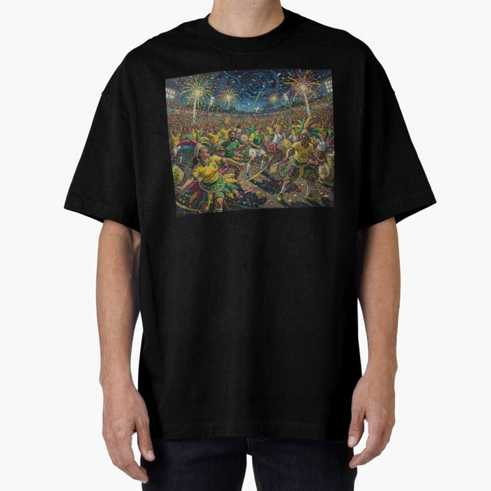 Celebration at Brazilian Football Match World Cup 2026 Vibes Oversized T-Shirt Back the Journey through Global Football Passion for FIFA World Cup 2026, Inspired by Messi, Neymar and Mbappe, Portugal, Sports Nostalgia, International Competition,