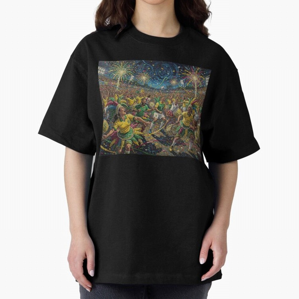 Celebration at Brazilian Football Match World Cup 2026 Vibes Oversized T-Shirt Back the Journey through Global Football Passion for FIFA World Cup 2026, Inspired by Messi, Neymar and Mbappe, Portugal, Sports Nostalgia, International Competition,