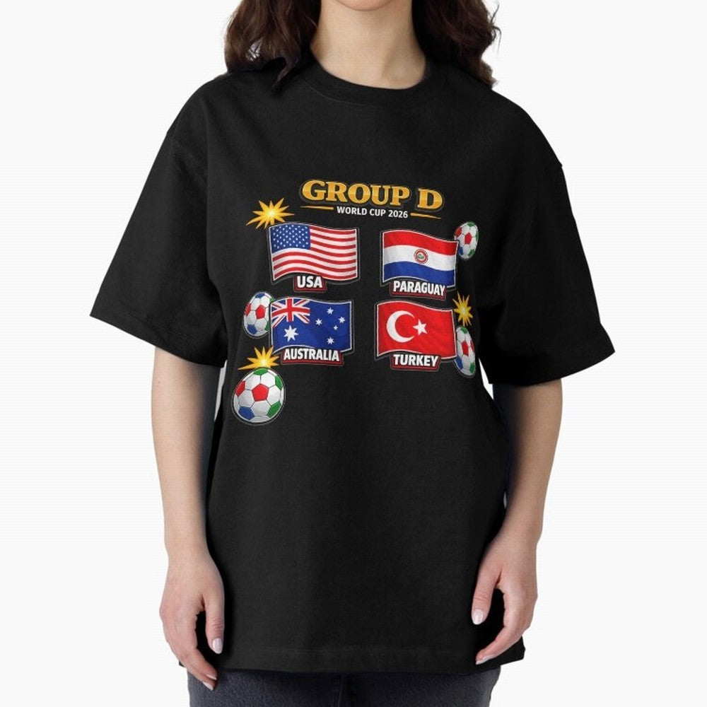 Group?D?¨C?World?Cup?2026?Flags Oversized T-Shirt Discover FIFA World Cup 2026 Group Stage Featuring Mbappe and Neymar, Netherlands Energy, Match Day Excitement, Supporter Culture, Golden Goals and Global Football Passion; Great for Supporters Who