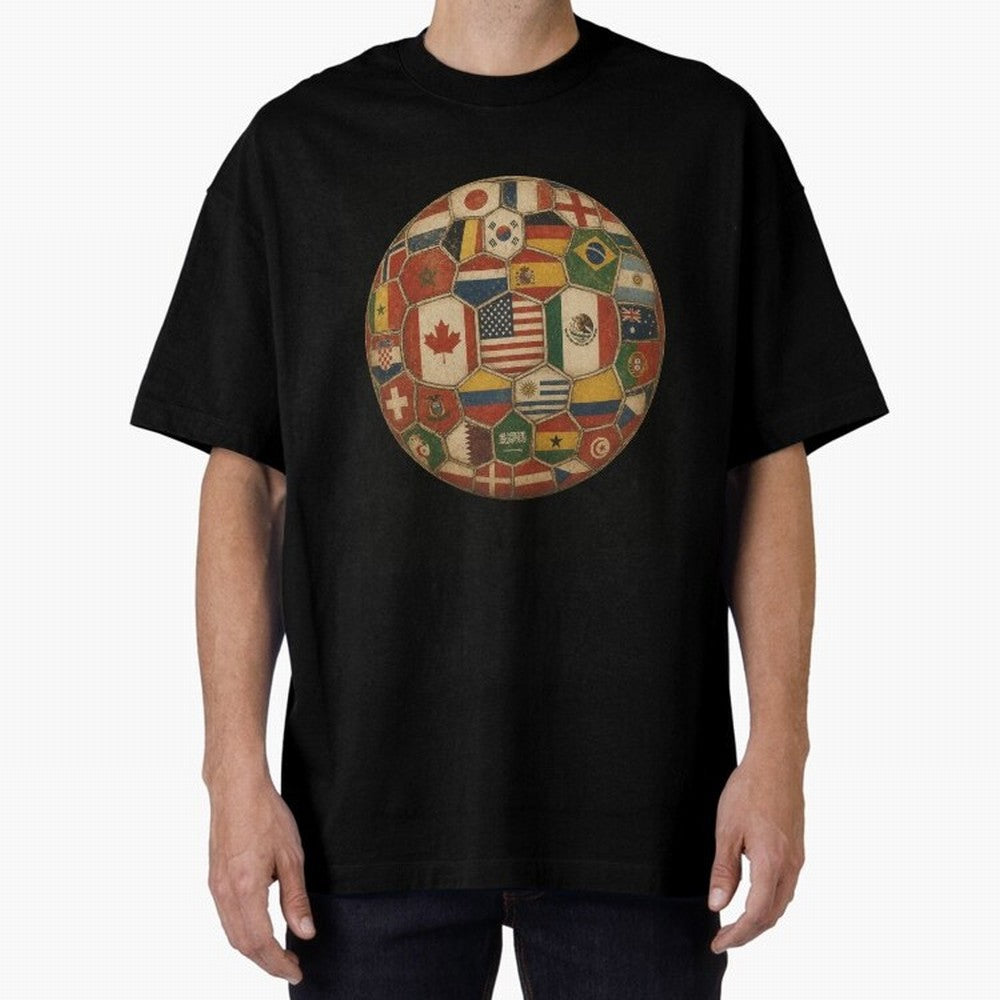 Vintage World Flags Soccer Ball,2026 International Football Graphic Gifts Tee Oversized T-Shirt Show Love for Legendary Goals in FIFA World Cup 2026 Spirit, Driven by England, Haaland, Sports Nostalgia, International Competition, Famous Players and