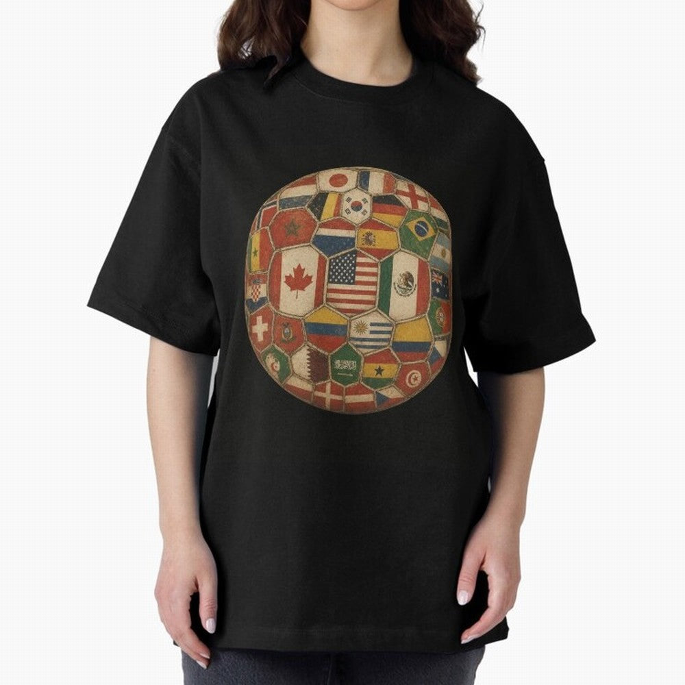 Vintage World Flags Soccer Ball,2026 International Football Graphic Gifts Tee Oversized T-Shirt Show Love for Legendary Goals in FIFA World Cup 2026 Spirit, Driven by England, Haaland, Sports Nostalgia, International Competition, Famous Players and