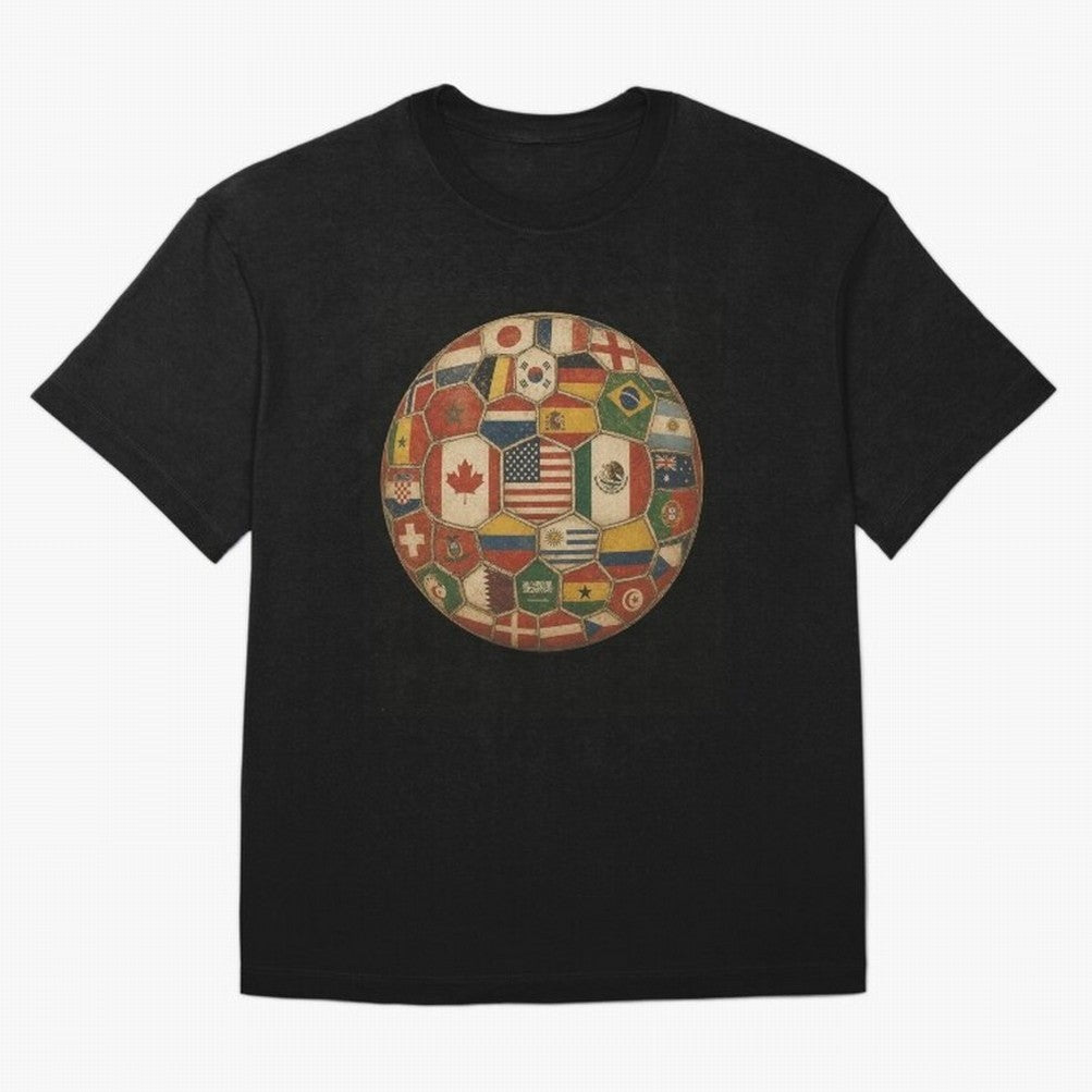 Vintage World Flags Soccer Ball,2026 International Football Graphic Gifts Tee Oversized T-Shirt Show Love for Legendary Goals in FIFA World Cup 2026 Spirit, Driven by England, Haaland, Sports Nostalgia, International Competition, Famous Players and