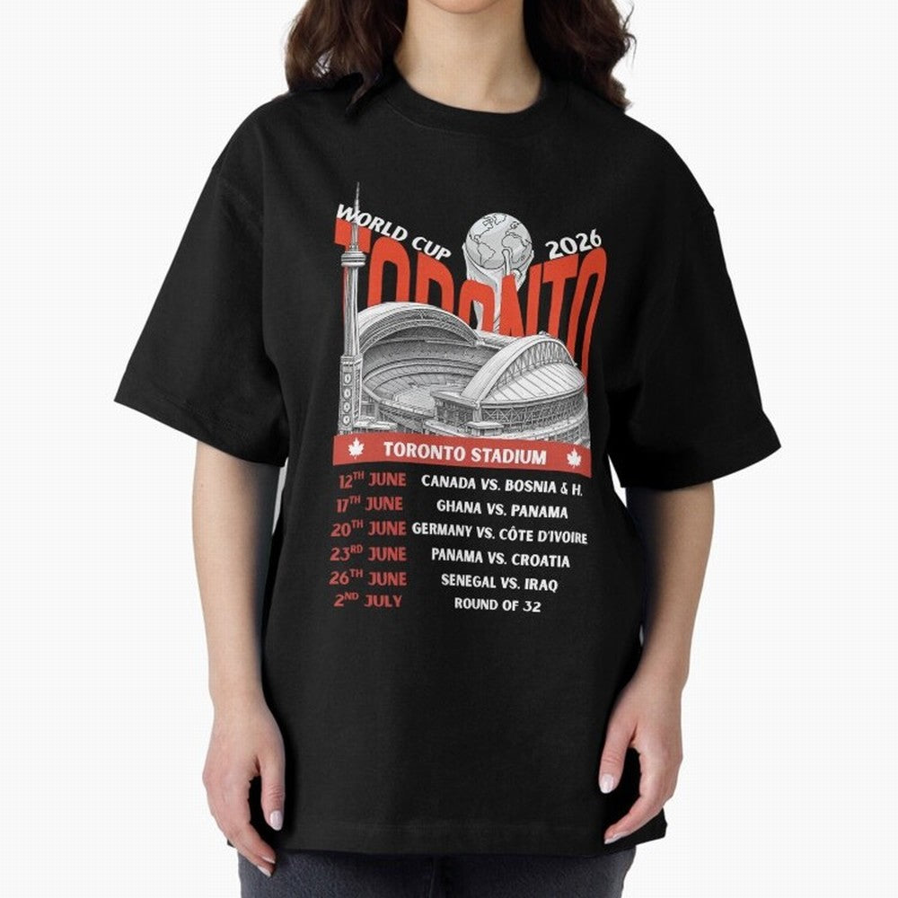 World Cup 2026 Toronto Stadium Match Schedule Soccer Fan Art Oversized T-Shirt Share the Excitement of the FIFA World Cup 2026 USA Canada Mexico Journey through CR7 Highlights, Argentina and Brazil Pride, Vintage Soccer Flavor, Modern Football