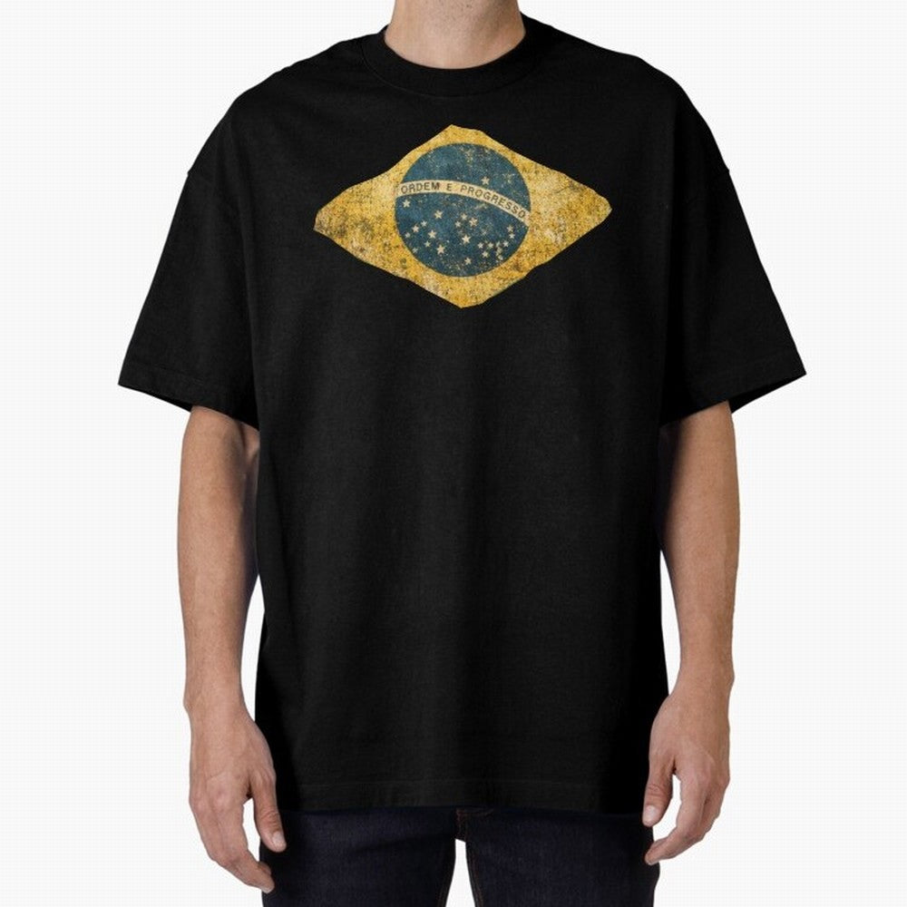 Vintage Brazil Flag Soccer Fan Design Oversized T-Shirt Live the Energy of Match Day Hype around FIFA World Cup 2026 Group Stage, Messi, CR7 and Mbappe, Spain, Champion Mindset, Group Stage Buzz, Knockout Tension and Passionate Fan Culture; Made